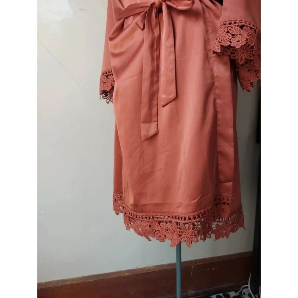 Women's Robe Satin Feel with Lace Trim - Copper Cinnamon sz xxl xxxl